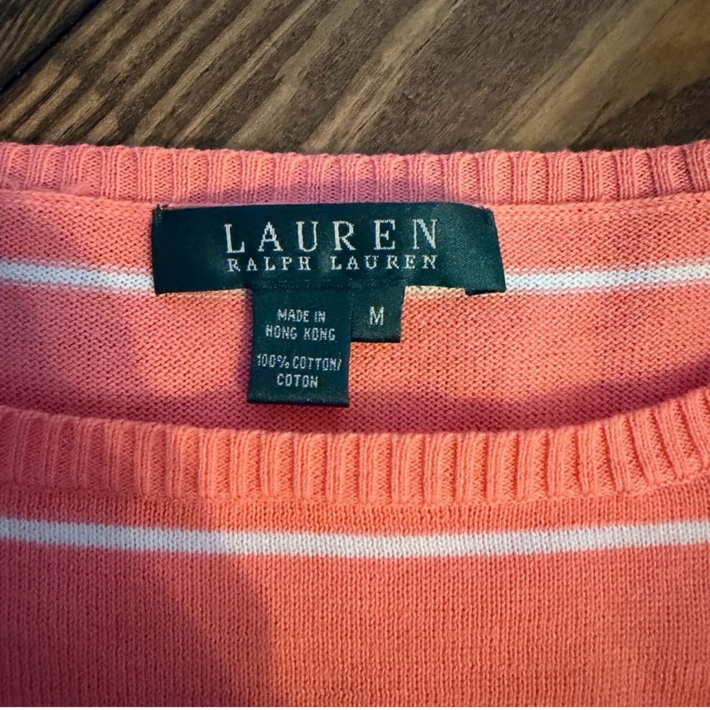Lauren Ralph Lauren Women's Coral and White Striped Crew Neck Size Medium - Picture 2 of 2